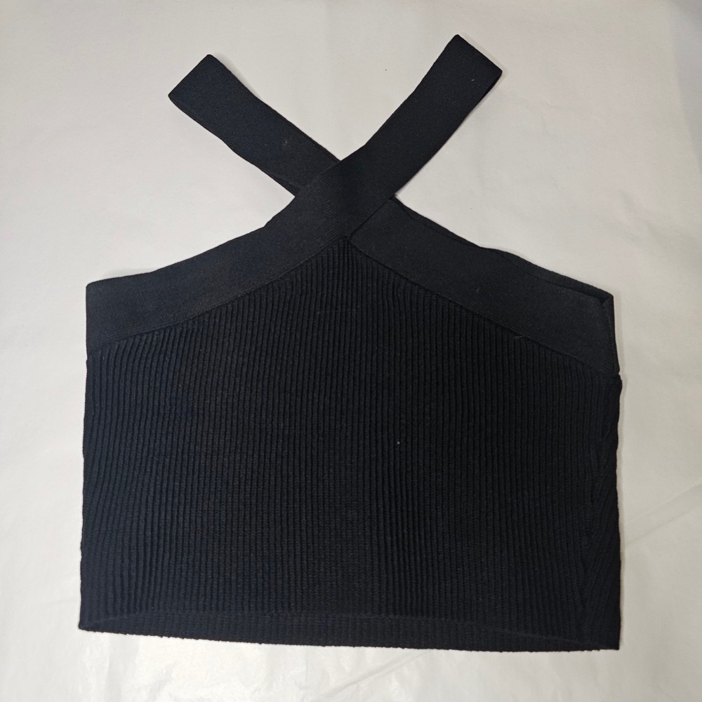 Quince Halter Top Women S Black Ribbed Knit Criss Cross Neck Minimalist